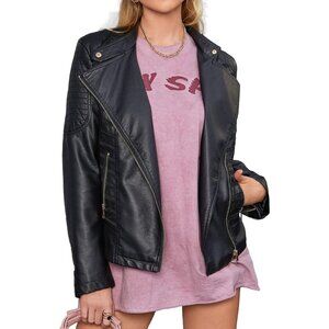 Women Faux Leather Casual Jacket Moto Biker Short Coat